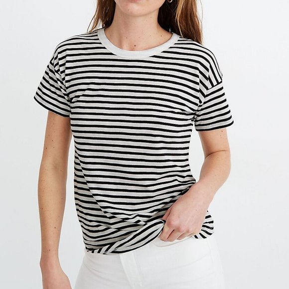 Madewell Whisper Cotton Rib-Crewneck Tee in Bridgewater Stripe Size Small EUC - Picture 1 of 5